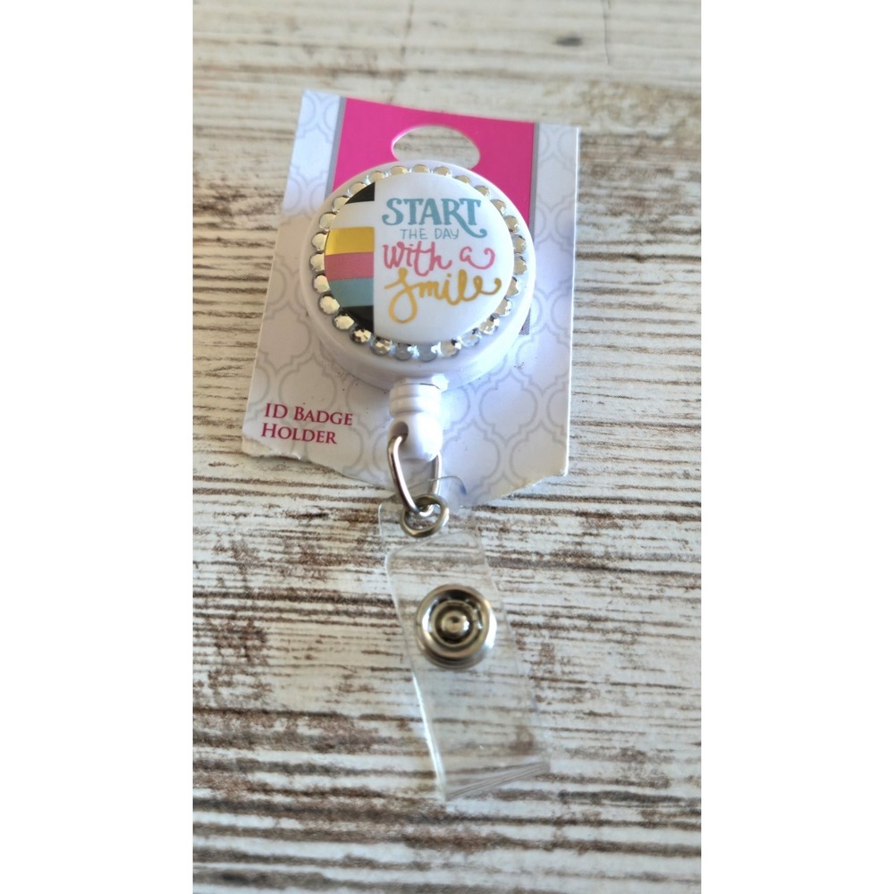 Start The Day With A Smile Retractable ID Badge Holder Clip Rhinestone Badge